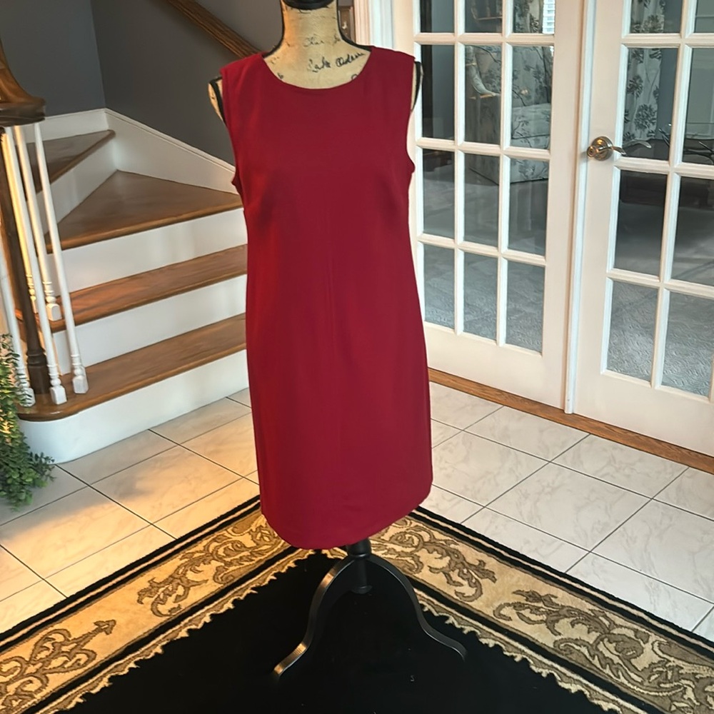 Classic Talbots deep red wool sheath dress and jacket.